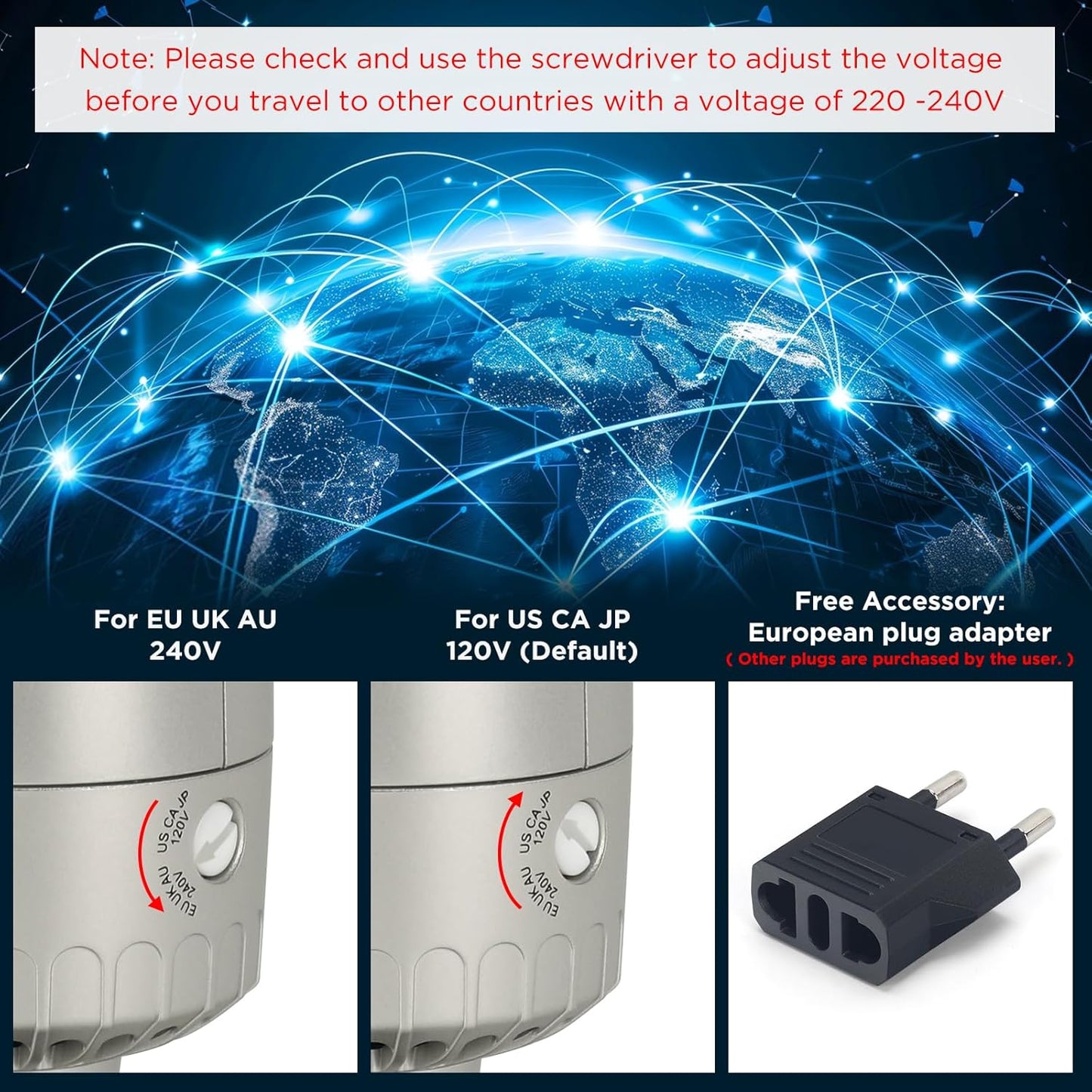 Aima Beauty 4 in 1 Worldwide Travel Hot Air Brush Dual Voltage Blowout Brush Oval Shape 110V-120V/220V-240V Straightener Blow Dryer Brush Ionic Lock Moisture Gift 360° Swivel Cord Champagne Silver