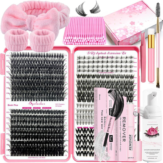 DIY Lash Extension Kit 584 Pcs Lashes Clusters with Bottom Lashes Lash Bond and Seal Glue Remover Lash Shampoo Cleansing Brush Headband Wristband Tweezers Eyelash Brush Applicator
