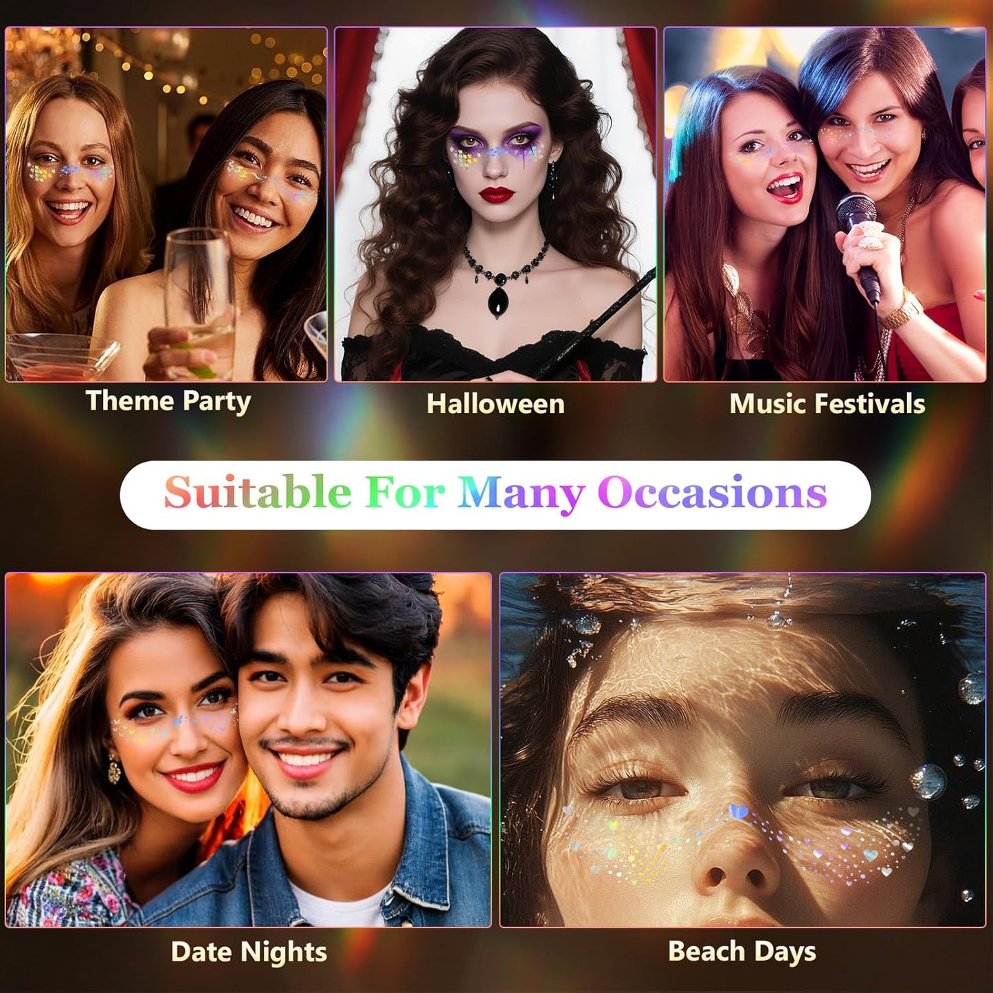 HyperFun 12Pcs Face Glitter Freckles, Face Glitter Fake Freckles Sticker, Holographic Multichrome Waterproof Sparkle Freckles Makeup Patches for Women Rave Festival Accessories Concerts Party Prom