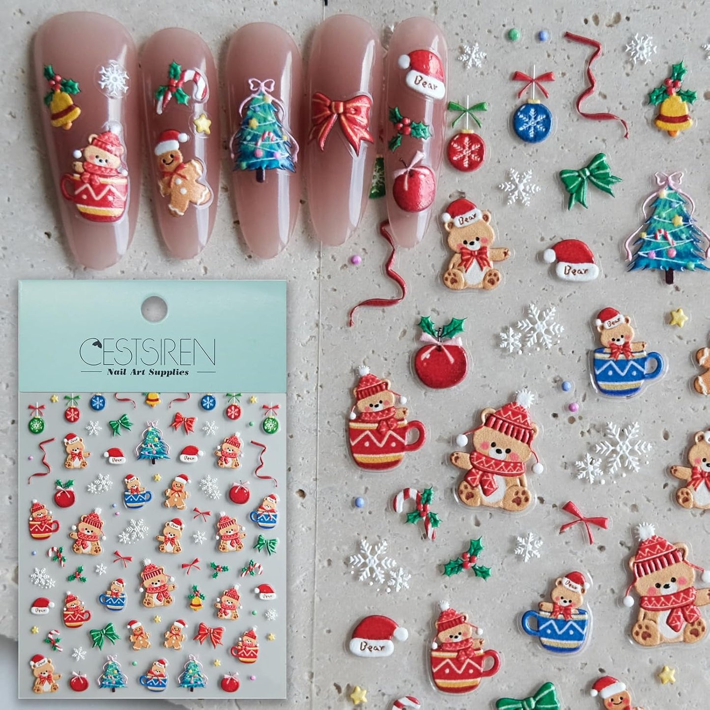Christmas Bear Nail Stickers, Embossed Decals, Cute Design, Accessories for Women, Self-Adhesive Nail Art Supplies