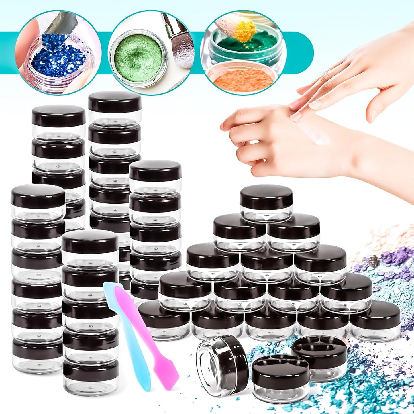 MotBach 50PCS 10g Empty Sample Containers with Black Lids,Refillable Makeup Sample Containers, Small Sample Pot Jars Travel Makeup Containers with Mini Spatulas for Liquid Powder Creams Lotions
