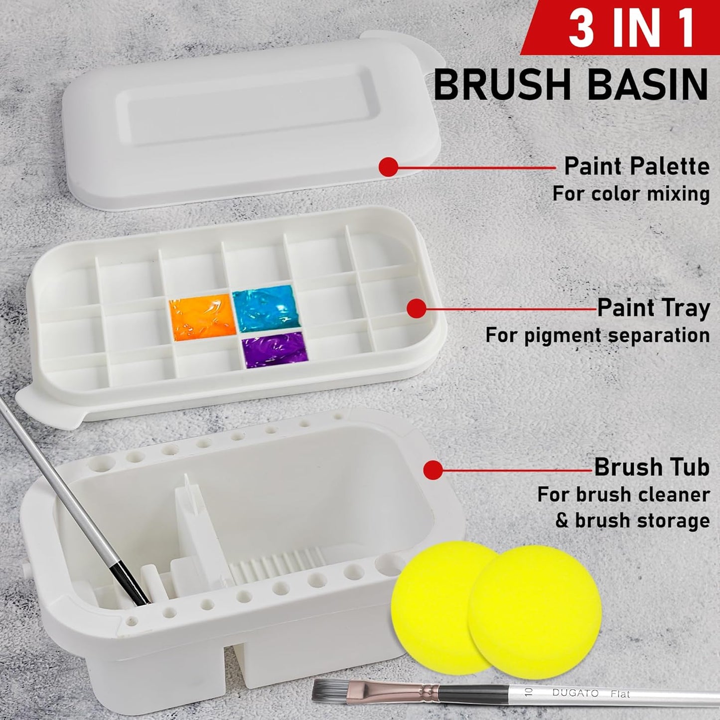 DUGATO 3-in-1 Paint Brush Cleaner Washer, Holder & Palette - Keep Brushes Clean & Organized - Artists Art Cleaning Basin with Lid & 2 Art Sponges for Acrylic, Watercolor, Oil Painting (White)