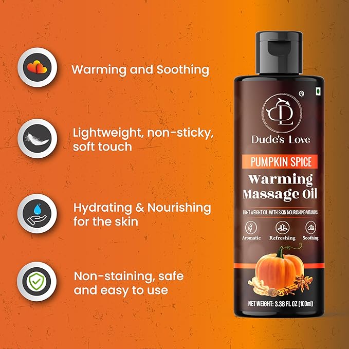 Dude's Love Organic Pumpkin Spice Flavored Warming Massage Oil - Smooth Glide, Non-Greasy | Nourish & Moisturize Skin | Aromatherapy Vegan - 3.38 Fl Oz