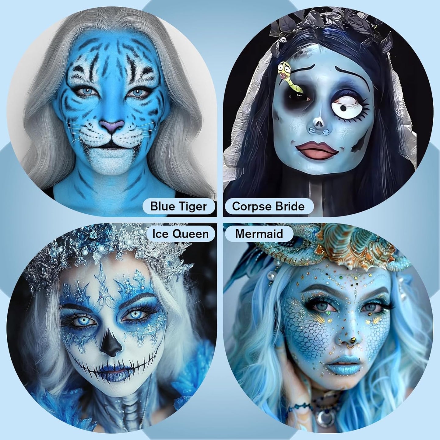 White Black & Light Blue Face Body Paint for Halloween Sally & Corpse Bride Makeup, Non-Toxic Face Painting Kit with Brushes for Kids Adults Smurf Avatar Mermaid & Demon Costume Cosplay SFX Make Up