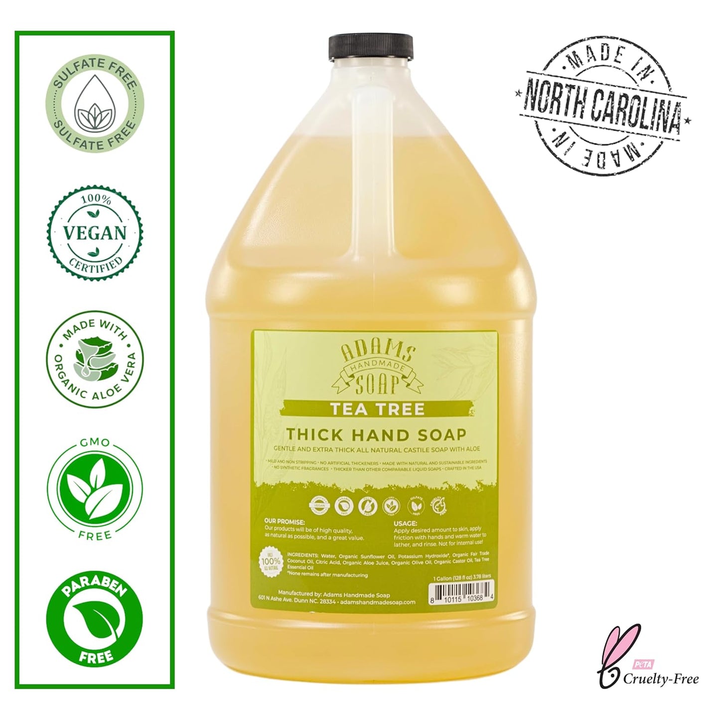 Adams Handmade Soap Thick Organic Castile Liquid Hand Soap 1 Gallon Refill - Tea Tree (Pack of 4)