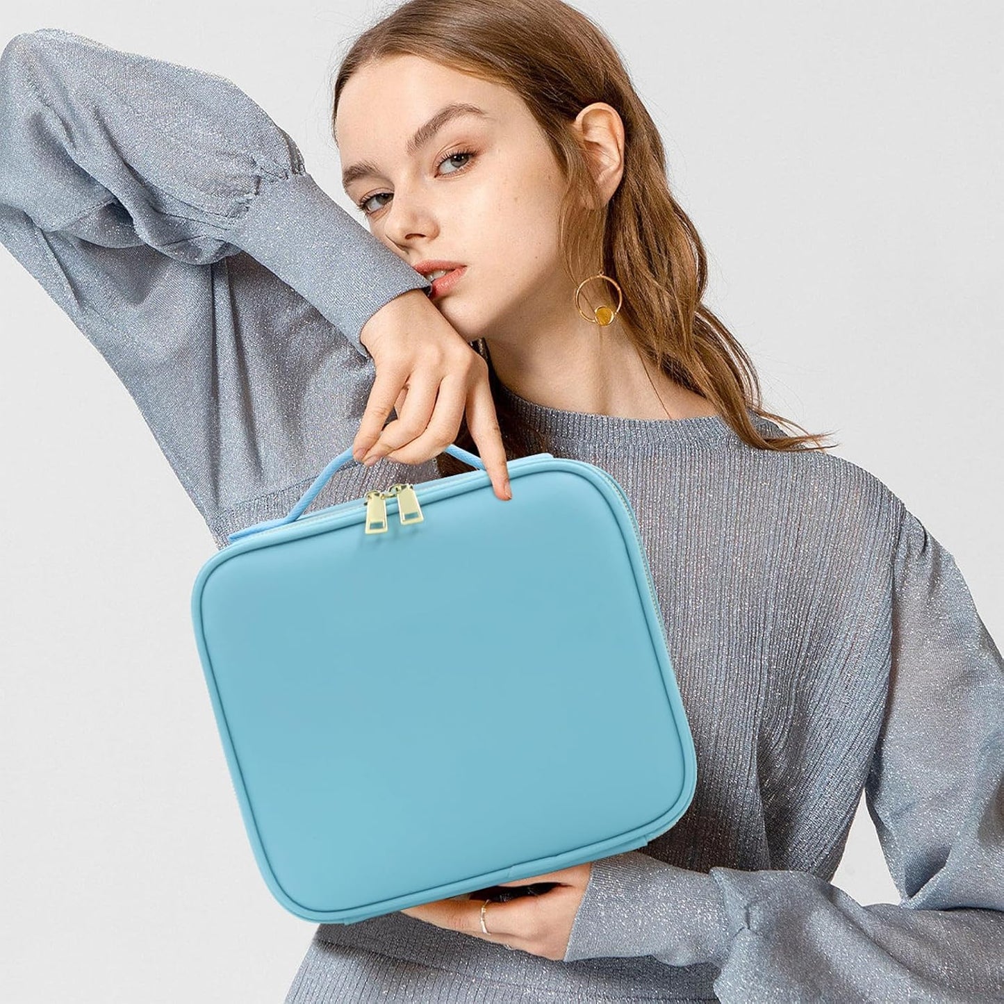 Makeup Organizer Bag with Mirror, Lighted Travel Makeup Bag 3 Colors Modes, Cosmetic Bag Make up Organizer with Mirror and Light, Makeup Train Case Portable Cosmetic Storage Case Gifts(Blue)