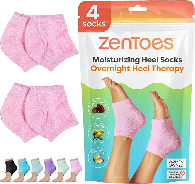 ZenToes Moisturizing Socks for Cracked Heel Treatment - Vitamin E, Olive Oil and Jojoba Oil Infused Heel Socks to Soften and Hydrate (Fuzzy Pink, Regular)