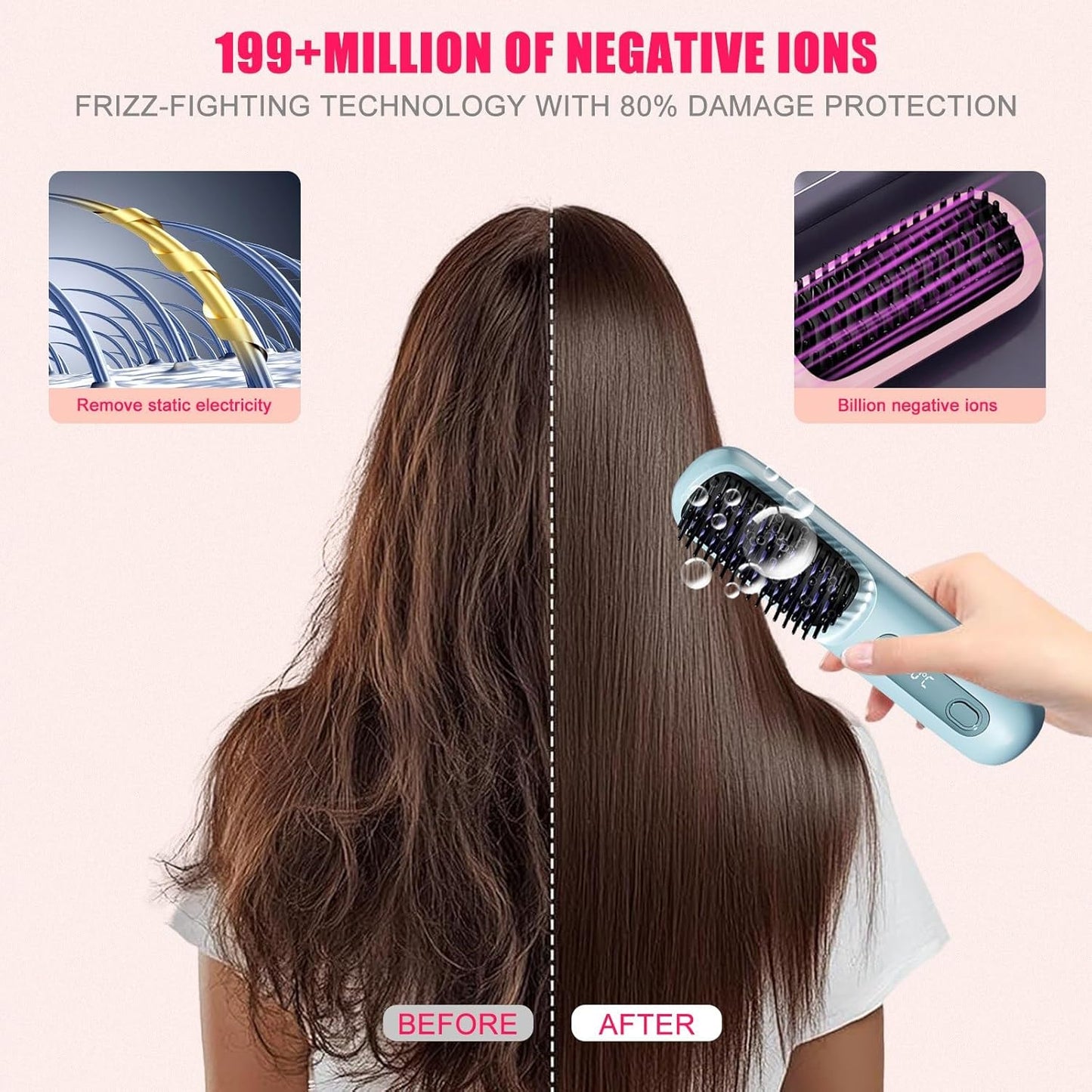 New Go Brush Pro 2025 Cordless Hair Straightener Brush - 20s Fast Heat Up, 50 Min Runtime, 199M Frizz-Fighting Ions, 4-Temp & LED, 3200mAh USB-C, Auto Shut-Off, Travel-Friendly (Blue)