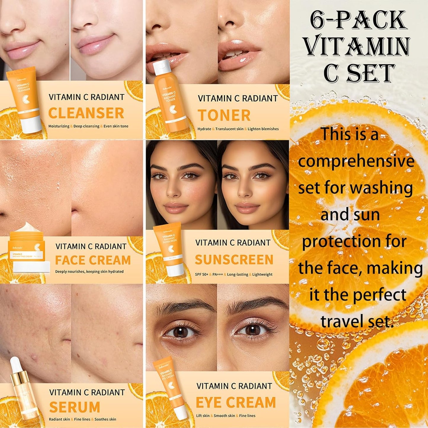 Skincare Gift Set for Teenage Girls,Vitamin C Skin Care Set - 6 Piece Gentle Skin Cleaning & Care Travel Size Kit With Cleanser, Toner, Face Serum,Eye Cream,Sunscreen,Face Cream Brighten Face Care Kit