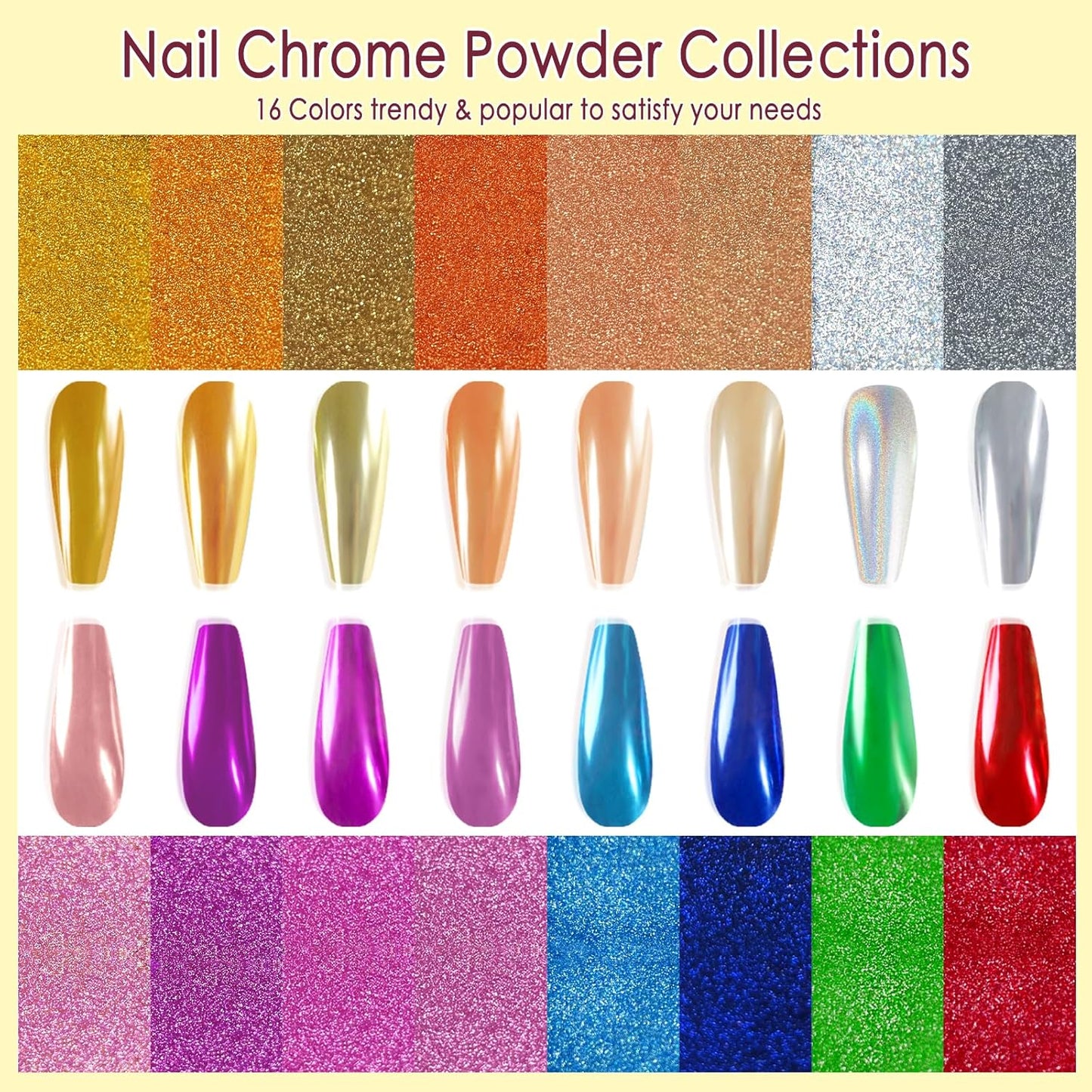 Allstarry Chrome Nail Powder Kit - 16 Colors Metallic Mirror Effect Pigment Powder Magic Glitter Dust for Gel Polish Nail Art Decoration with 16 Sponge Sticks