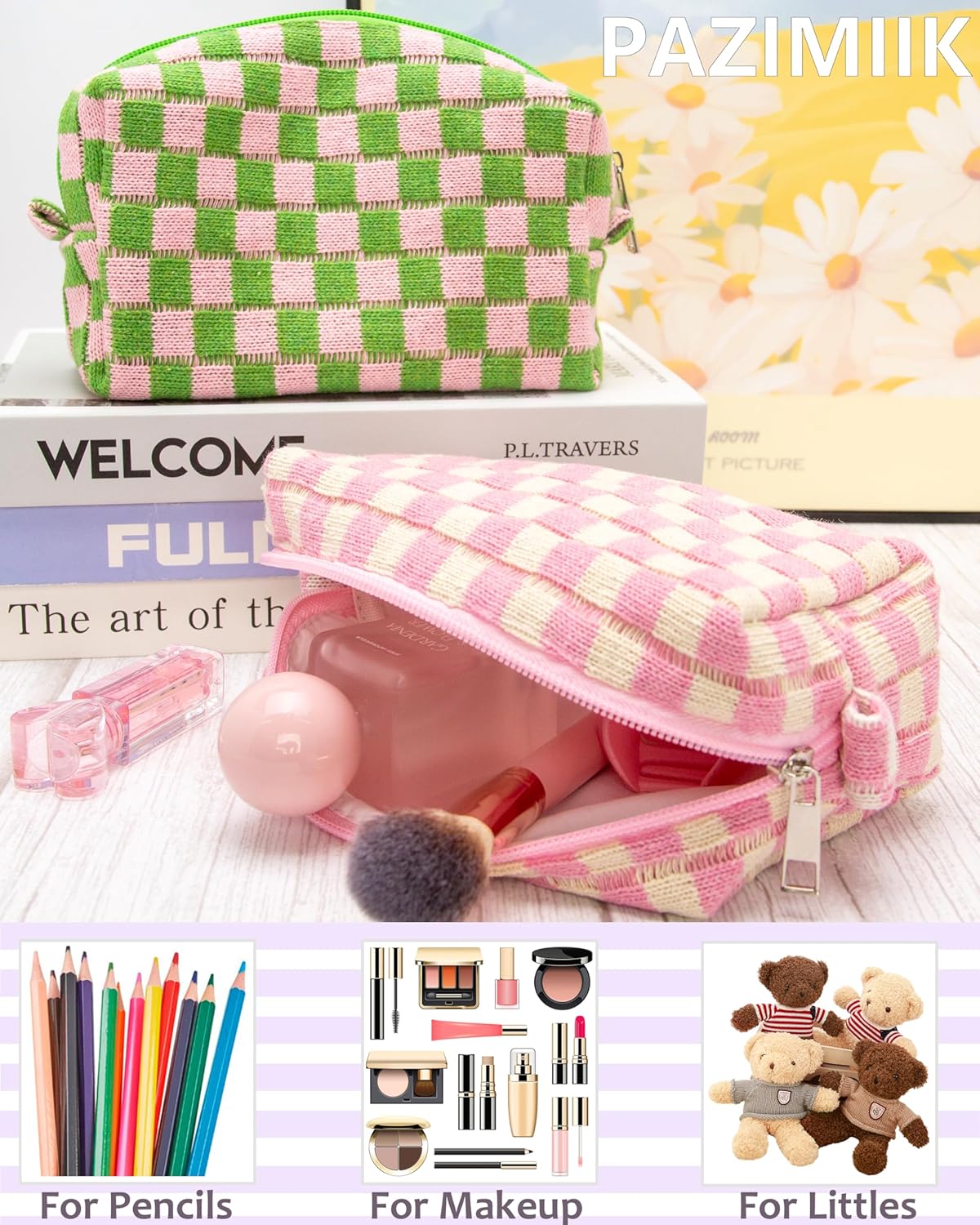 PAZIMIIK 2PCS Checkered Makeup Bag for Purse Portable Zipper Make Up Pouch Small Cosmetic Case for Travel Accessories Pink Beige