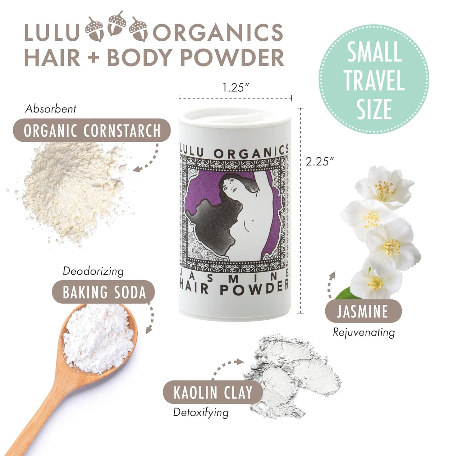 Dry Shampoo Powder for Dark, Blonde and Oily Hair, All Natural Body & Hair Powder for Women and Men, Paraben & Talc free No White Cast Synthetic Fragrance, Travel Size, Jasmine -1oz