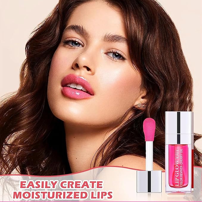 Plumping Lip Oil, Hydrating Gloss Tinted Lip Balm Transparent Lip Care, Big Brush Head Glitter Shine, Long Lasting Nourishing Non-sticky Fresh Texture(CHERRY)