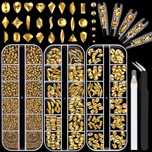 2750Pcs Mineral Gold Glass Nail Rhinestones 240Pcs Multi Shapes Flatback Nail Gems + 2510Pcs 1.5-4mm Round Crystal, Manicure Nail Charms Diamond Gemstones for Acrylic Nails Decoration