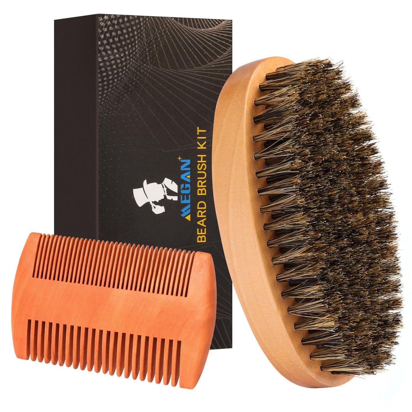 MEGAN Men's Beard Brush and Comb Gift Set - Natural Boar Bristle Brush and Double sided Wooden Beard Comb, Beard Beauty and Styling Care Tool Anti static - Comes with Travel Bag