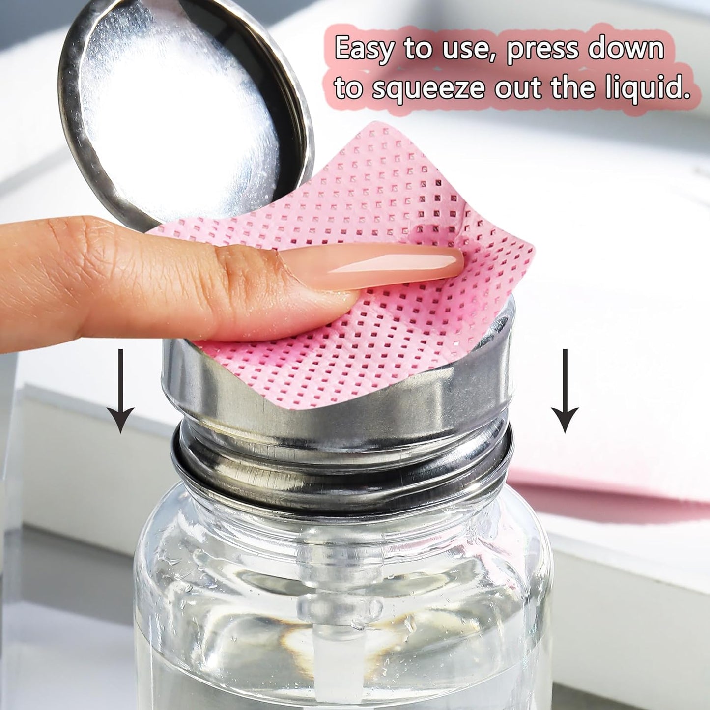 Clear Nail Polish Remover - 120ml Glass Metal Push Down Pump Dispenser - 200pcs Lint Free Nail Wipes - Alcohol Eye Makeup Remover