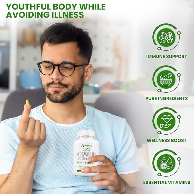 Balanced Vitamin K2 MK7 with D3 Supplement, 125mcg - Supports Strong Bones, Healthy Skin, Cardio. Fast Absorption, Easy Swallow, Non-GMO, Lab Tested Safe