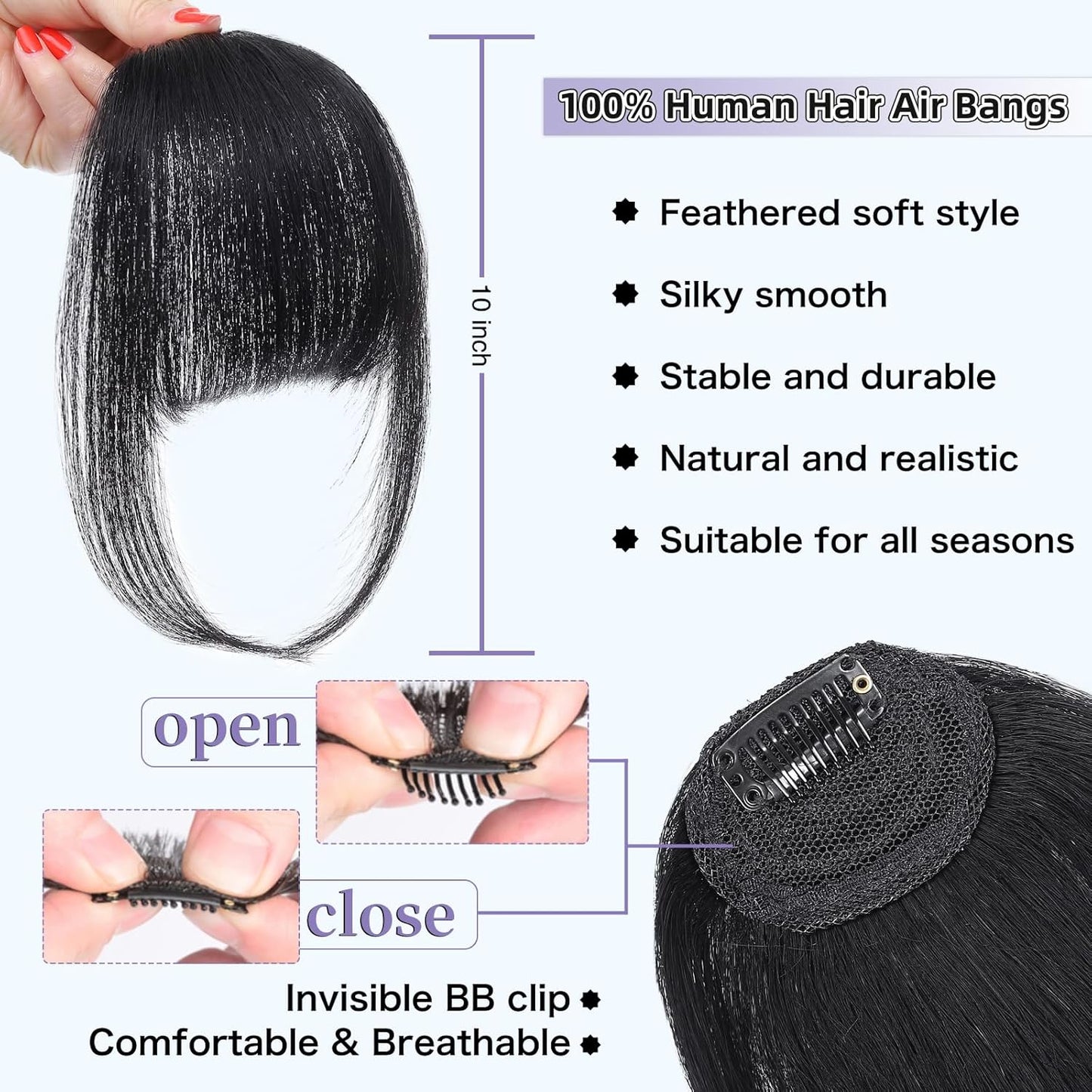 Wispy Bangs Hair Clip, 100% Human Hair Clip In Natural Black Bangs for Women, Soft Layered Fake Bangs with Feathered Fringe, Easy Clip-On Design for Daily Wear & Halloween