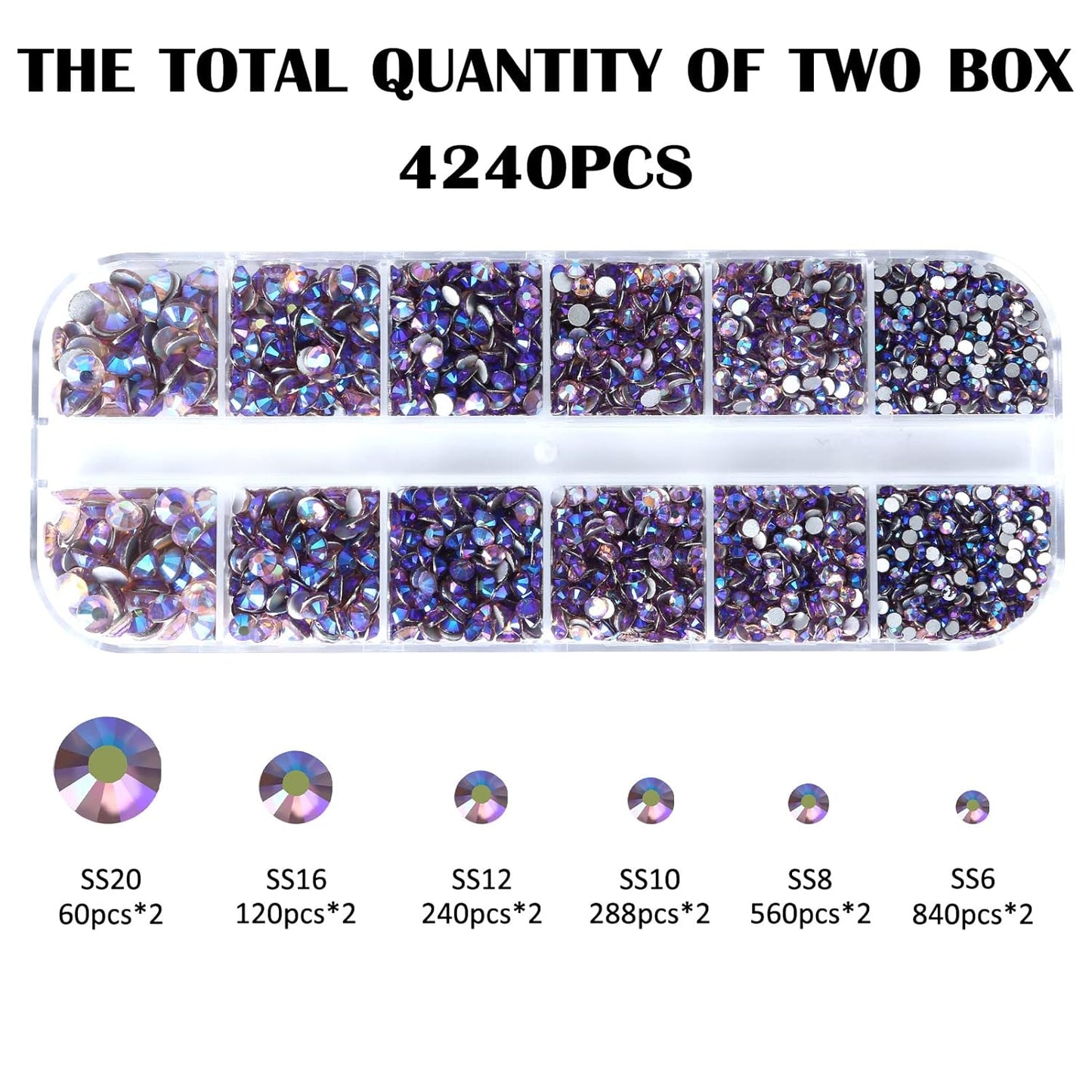 4240Pcs lt.Amethyst AB Flatback Rhinestones 6 Sizes Crystal Diamonds for Nail Art Crafts Clothes Shoes with Tweezers and Picking Pen