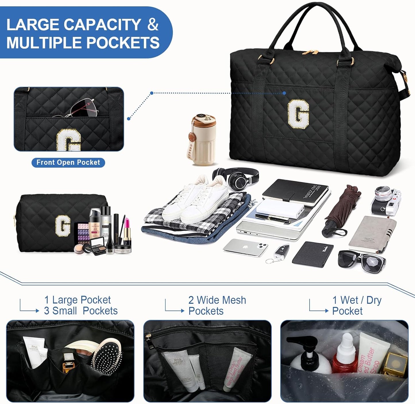 Gifts for Teen Girl, Initial Travel Duffle Bag, Personalized Women Weekender Overnight Bags, Gift for Daughter Kid Girl Wife Friend（Black,G)