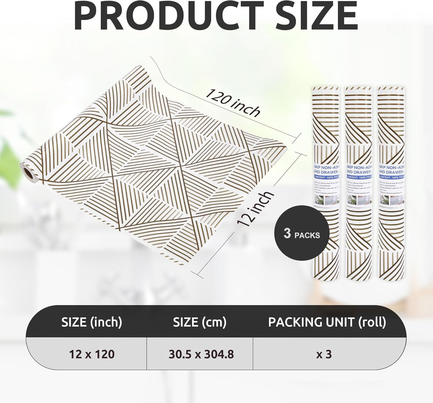 RAY STAR 12X120 Inch Shelf Liner for Kitchen Cabinets, Non-Adhesive Cabinet Liner Washable, PVC Drawer Liner for Dresser Non-Slip Bathroom (Classic)(3 Roll)