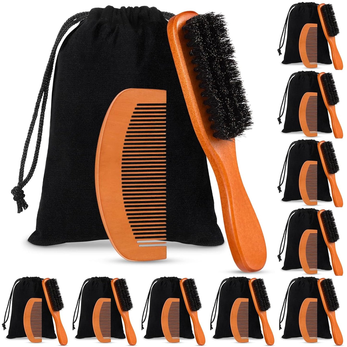 10 Sets Natural Boar Bristle Brush, Pear Wood Dual Sided Wide Tooth Comb with Travel Pouch - Beard Grooming Kit for Men's Beard Care, Valentine Gift (Long Handle)