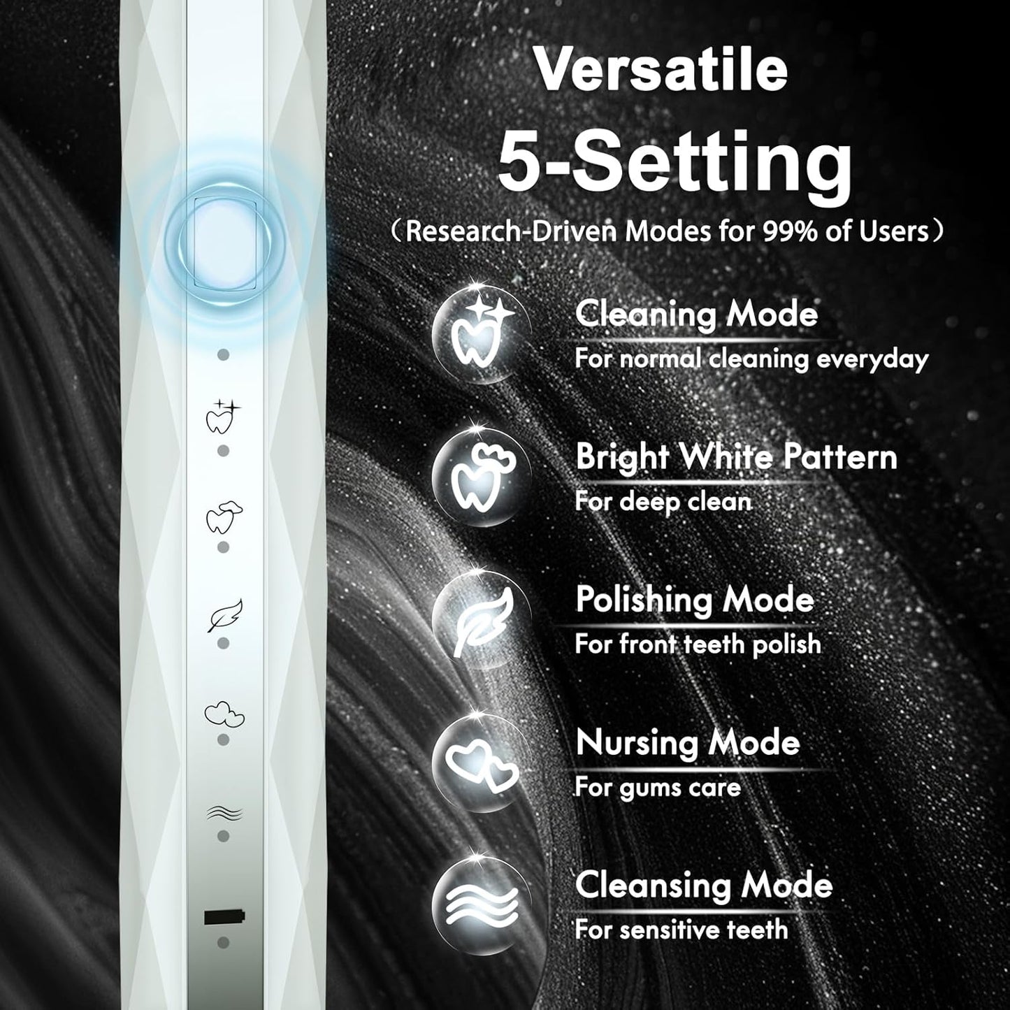 Diamond Style - Electric Toothbrush, 10 Brush Heads & Travel Case, 42,000 VPM Electric Motor & Wireless Charging, 15 Modes with Smart Timer, Ultra Whitening Toothbrush for Adults and Kids