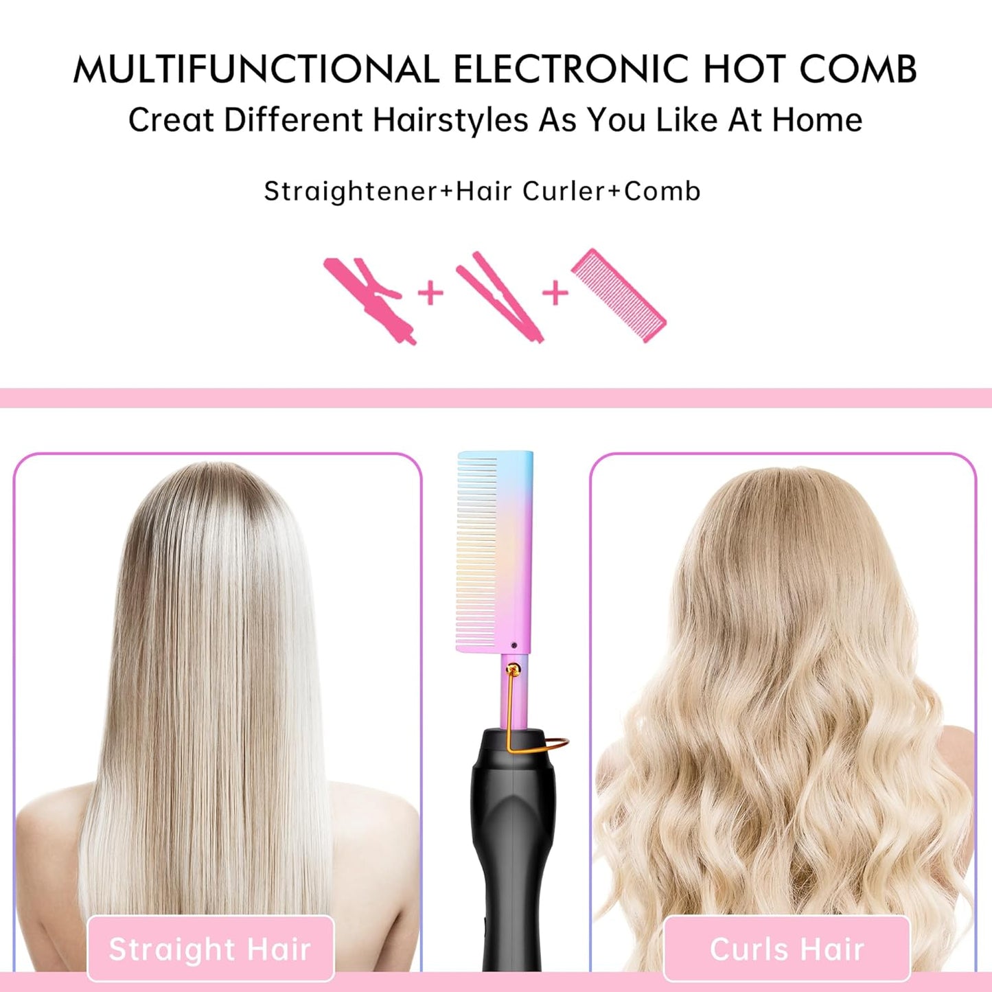 Electric Hot Comb Hair Straightener Heat Pressing Comb Curling Flat Iron Curler Hair Straightener Brush for Natural Black,Anti-Scald Beard Straightening Electric Press Comb (Multicolored)