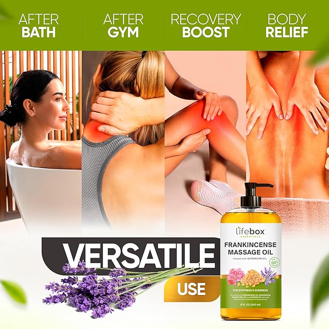 Frankincense Massage Oil – 100% Pure & Natural - Massage Therapy Oil for Soreness & Stiffness – Stretch Marks and Scars Body Oil Infused with Frankincense Essential Oil and Geranium Oil – 8 FL OZ