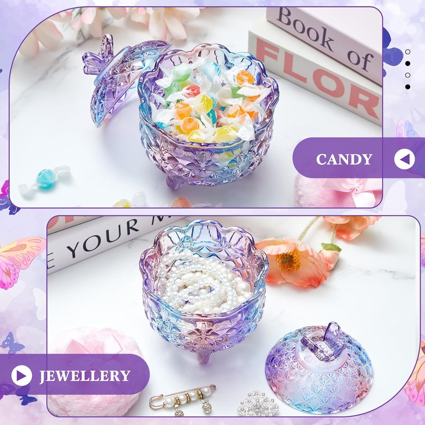 Tioncy 3 Pcs Large Body Powder Puff and Container Powder Container with Puff Powder Puff Crystal Container Soft Washable Reusable Velour Face Body Glitter Powder Puff Wet Dry Makeup(Butterfly, Purple)