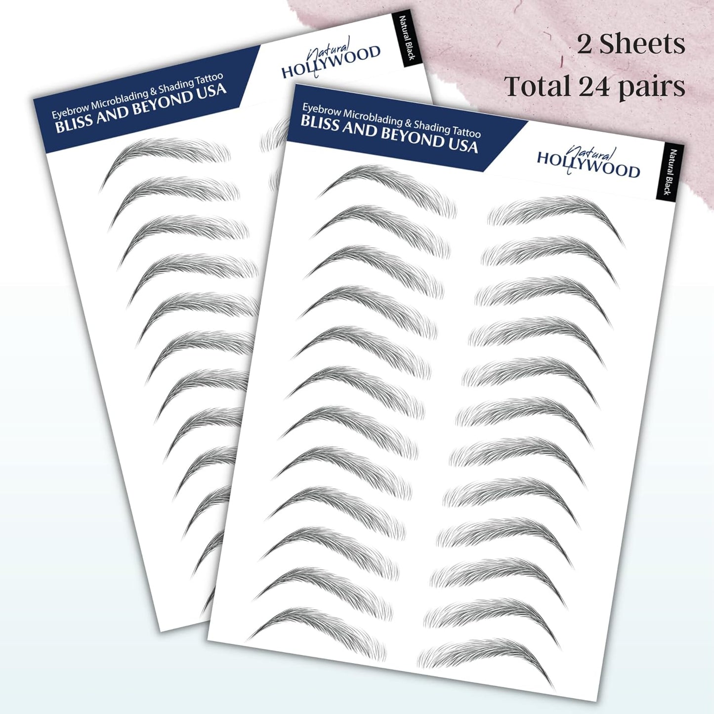 Bliss and Beyond USA, 2 Sheets Waterproof Eyebrow Tattoo Stickers - Long Lasting, Natural-Looking Fake Eyebrows for Alopecia, Chemo, Cancer Gift. Same Size | Natural Hollywood, Black