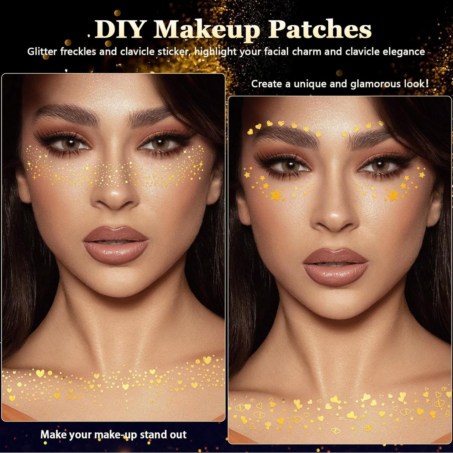 HyperFun 9 Pcs Face Glitter Freckles, Face Clavicle Glitter Fake Freckles Sticker, Waterproof Sparkle Freckles Makeup Patches for Women Rave Festival Accessories Concerts Party Prom