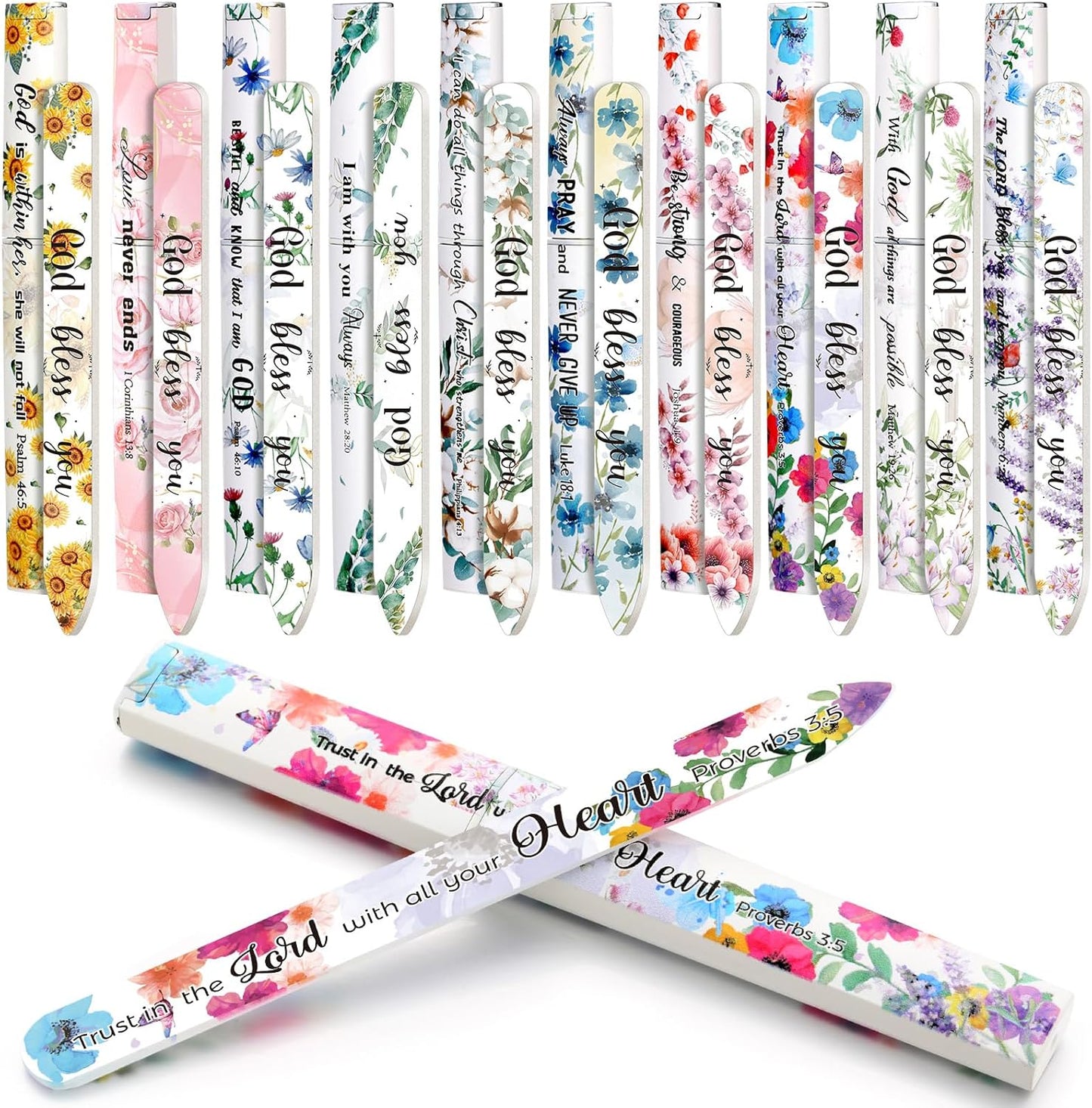 10 Pack Christian Crystal Glass Nail File for Natural Nails Christian Gifts for Women Bulk Church Bible Verse Scripture Glass File with Case Double Sided Floral Scripture Emery Boards Religious Gift