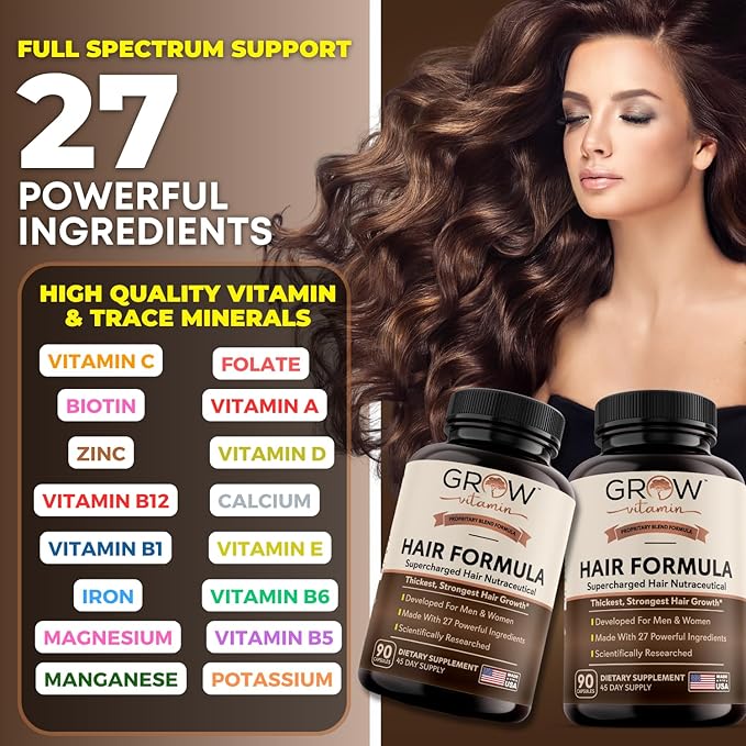 grow vitamin All in One Hair Formula for Men & Women - Advanced Hair Formula Includes Biotin, Saw Palmetto, DHT Blocker & Trace Minerals - Hair Supplement for Hair, Skin & Nails - 90 Capsules