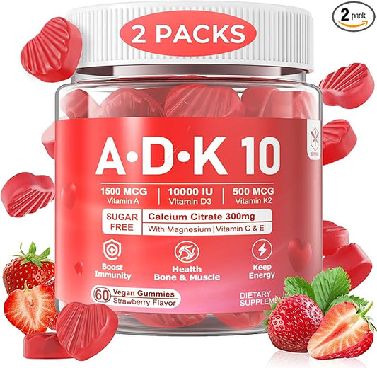 Vitamin A D3 K2 Gummies 5000IU / 10,000 IU D3 with Calcium Magnesium Zinc, ADK 10 Vitamin Supplement K2 MK-7 500mcg for Calcium Absorption, Increase Bone Density, Muscle, Teeth, Immune Health, 2Packs