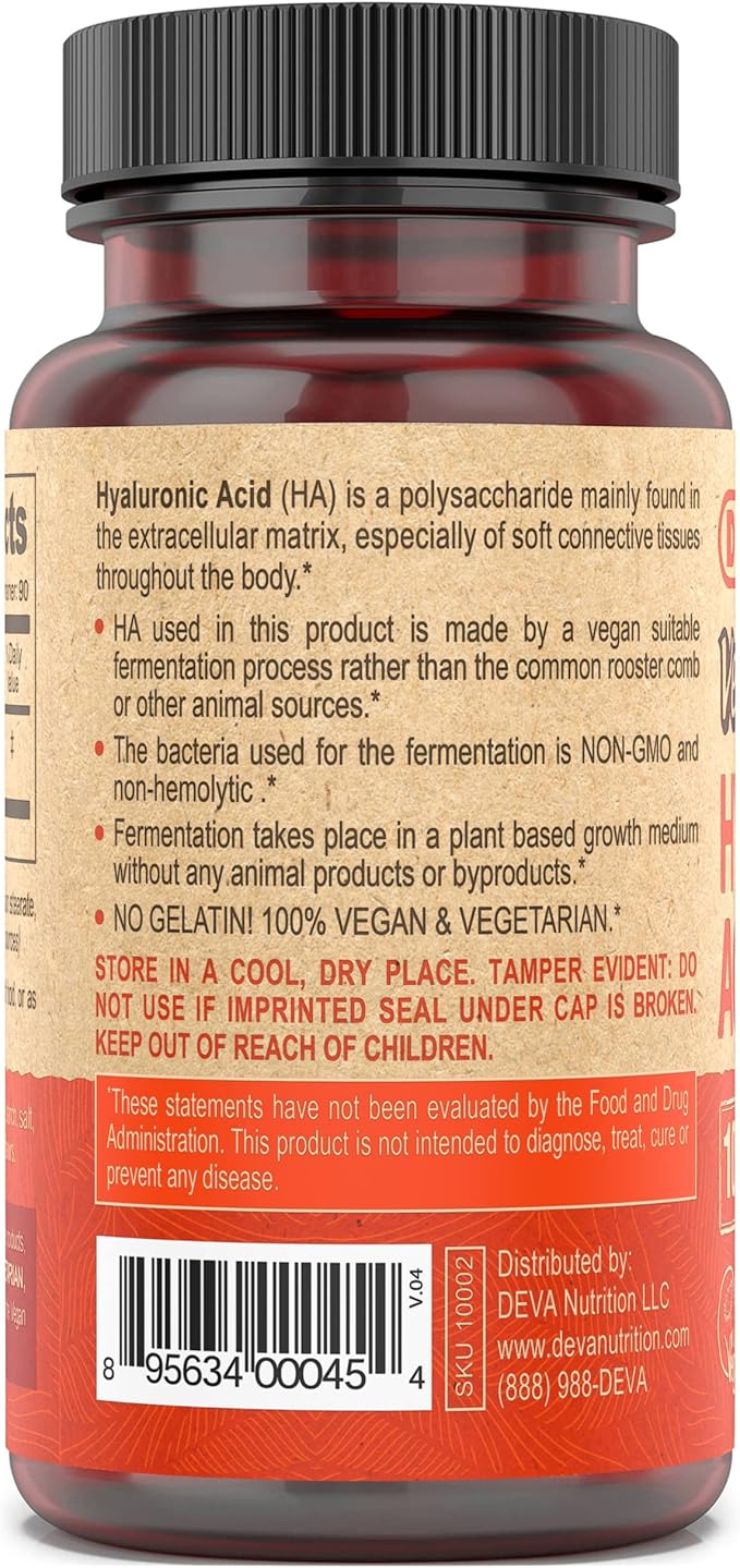 DEVA Nutrition Vegan Hyaluronic Acid 100 mg - Non-GMO & Non-Hemolytic - 90 Tablets, 1-Pack