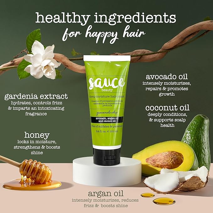 SAUCE BEAUTY Deep Conditioning Hair Mask (3.4 Fl Oz) Guacamole Whip Hair Mask for Damaged Hair & Frizz Control with Avocado, Honey, Monoi & Argan Oil, All Hair Types