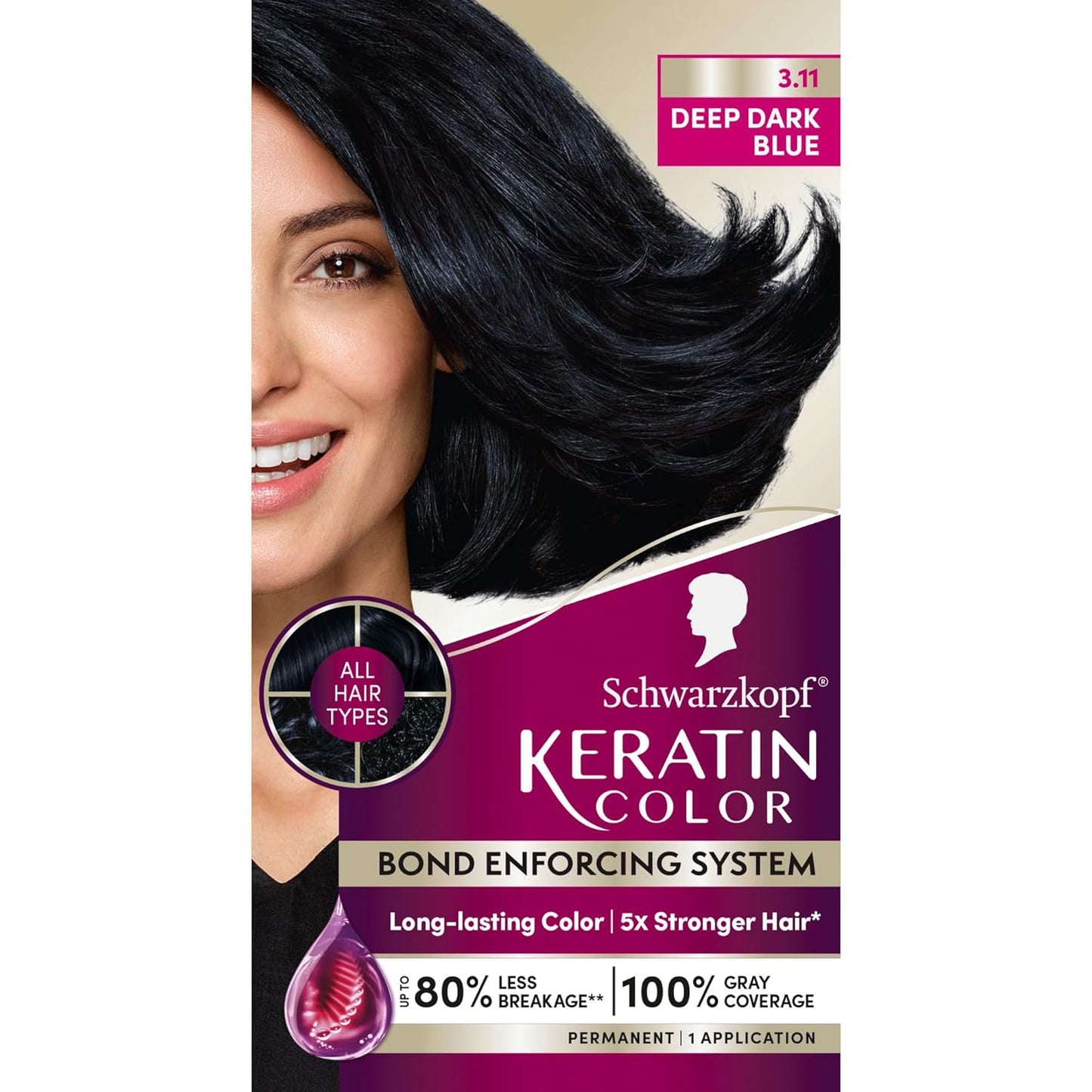 Schwarzkopf Keratin Permanent Hair Dye Cream, 3.11 Deep Dark Blue, Professional Quality Color for Up to 100% Gray Coverage, Bond Enforcing System