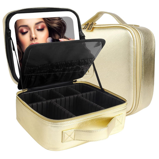 MOMIRA Travel Makeup Bag Cosmetic Bag Makeup Organizer Bag with Lighted Mirror, Adjustable Brightness in 3 Color Scenarios, Waterproof Makeup Train Case, Gift for Women - Golden