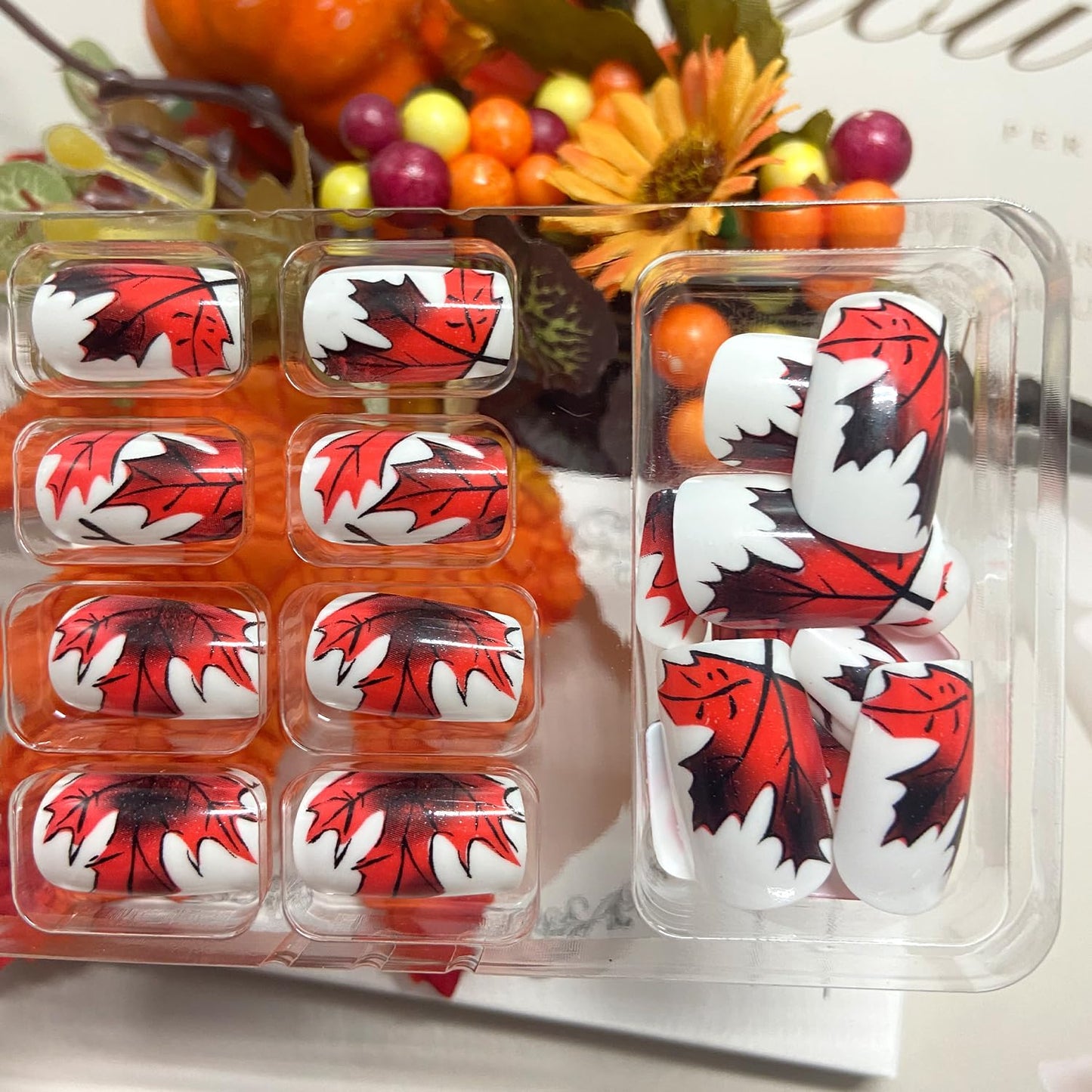 Fall Maple Leaf Press on Nails Medium Square Thanksgiving Fake Nails for Women Autumn Maple Leaves Acrylic Glue on Nail Glossy Reusable Artificial Stick on Nail