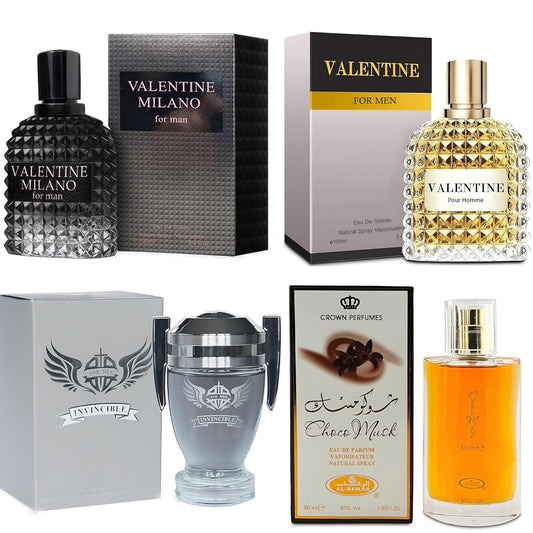 Men's Cologne Gift Set Include Valentine Milano,Valentine,Choco Musk & Invincible - 3.4 Fl Oz Each | Vanilla Bourbon, Leather & Amber Floral Fragrance | Luxury Eau de Toilette Quartet