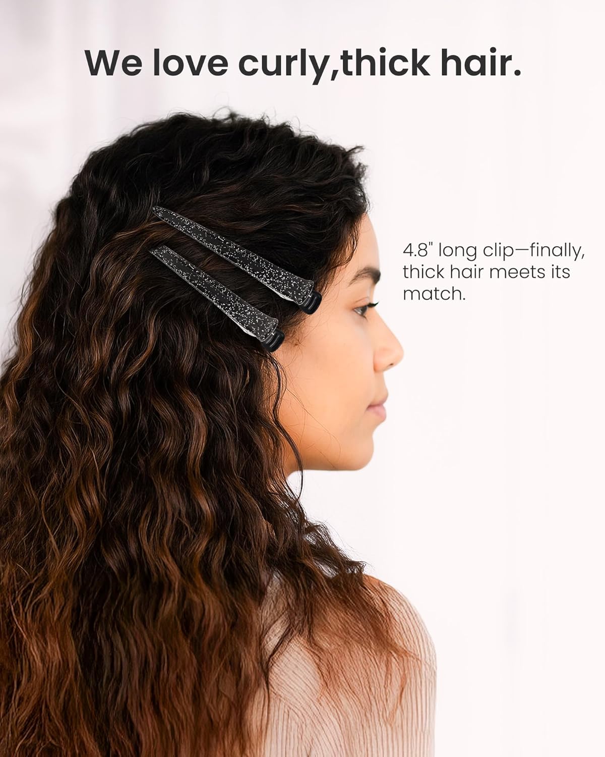 AIMIKE Extended Sectioning Hair Clips w/Built-in Silicone Band, 4.8" No-Crease Non-Slip Hair Styling Clips for Thick, Curly Hair –Blow Drying, Hair Rollers, Rust-Free – 6 Pack, Glitter Duckbill Clips