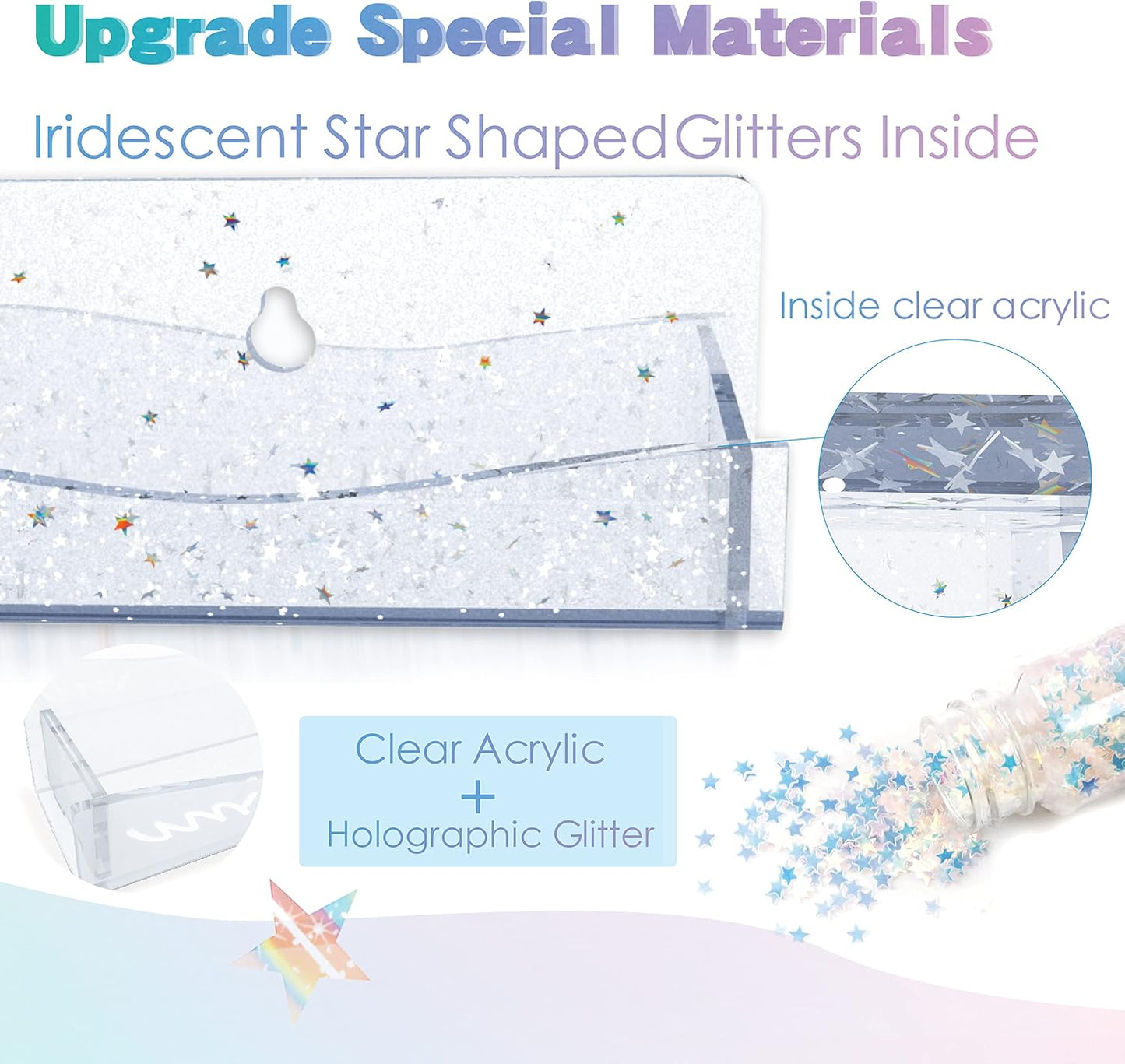 YMVV 15" Nail Polish Rack Wall Mounted Shelf with Iridescent Star Shaped Glitters Sequin Inside,Clear Acrylic Nail Polish Organizer for Nail Techs,Great Display for Salons Retailers（6 Pack）