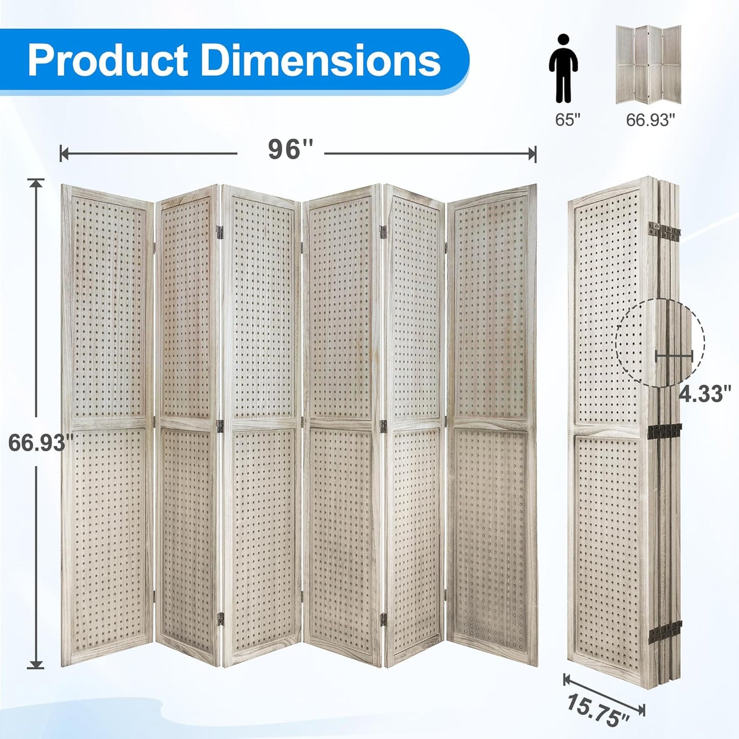 6 Panel Room Divider with Pegboard Display 5.6FT Wood PegBoard Room Dividers, Folding Privacy Screens Portable Freestanding Partition Wall Divider for Art Shows & Room Separation, Natural Wood