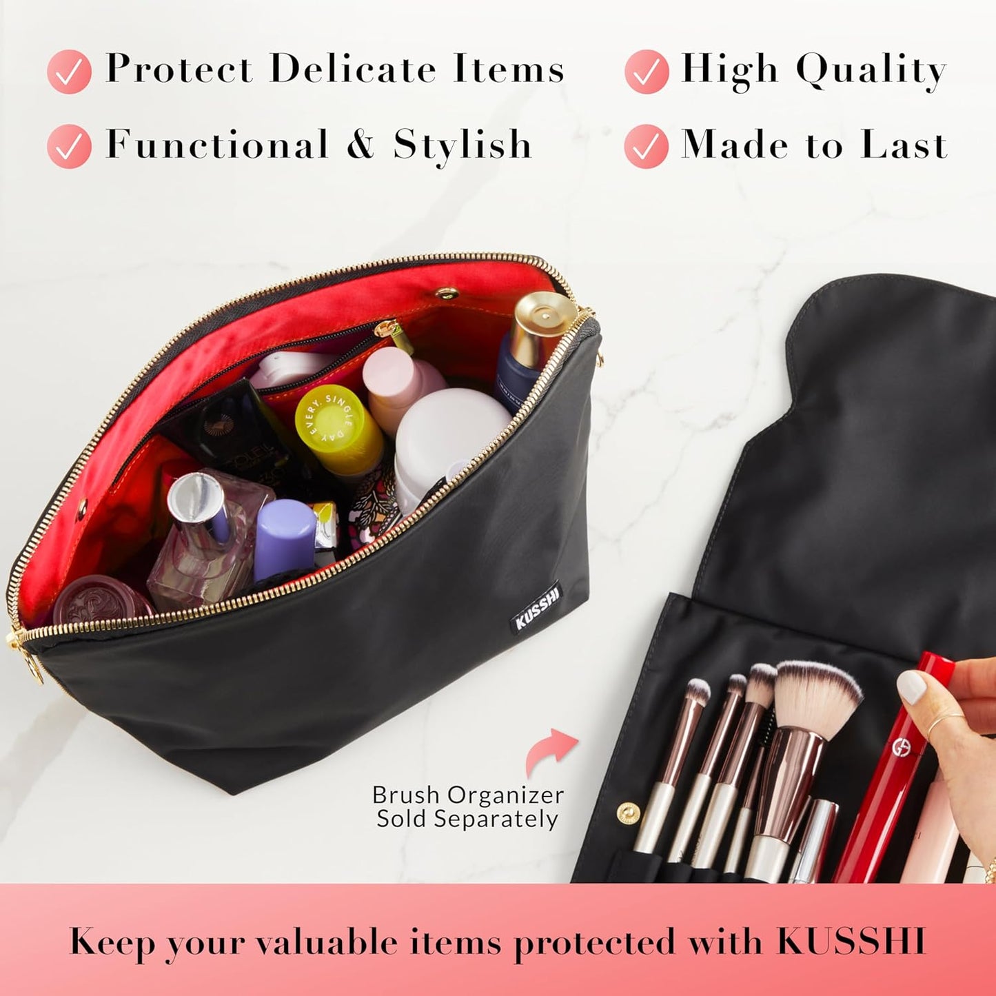 KUSSHI Washable Travel Makeup & Cosmetic Bag - Brush Organizer Sold Separately (Signature, Satin Black/Red)