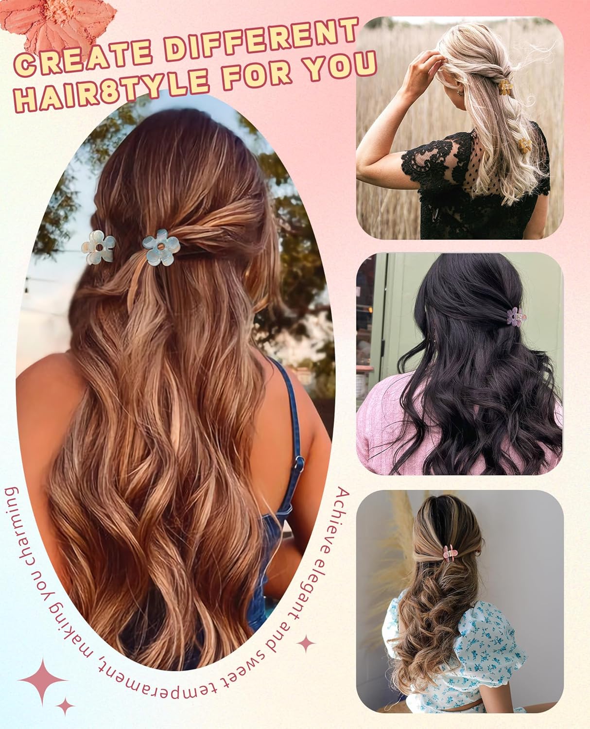 Claw Hair Clips Jaw Clamps - 12PCS Small Hair Claw Jaw Clamp for Thin Hair Styling Accessories Classic Hair Clamp for Women Girls (Sequins(Flower))