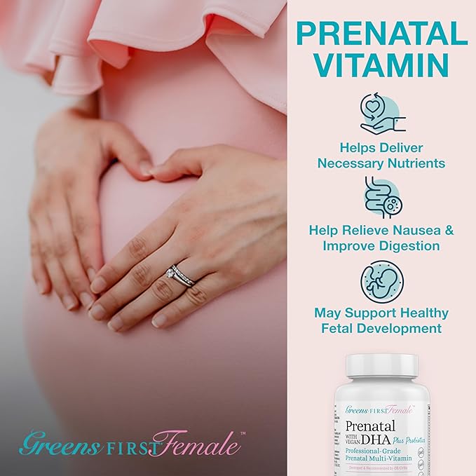 Greens First Female Prenatal Vitamin with Vegan DHA - Pregnancy Multivitamin Supplement - Supports Healthy Fetal Development - Natural Ingredients - with Ginger - 90 Capsules