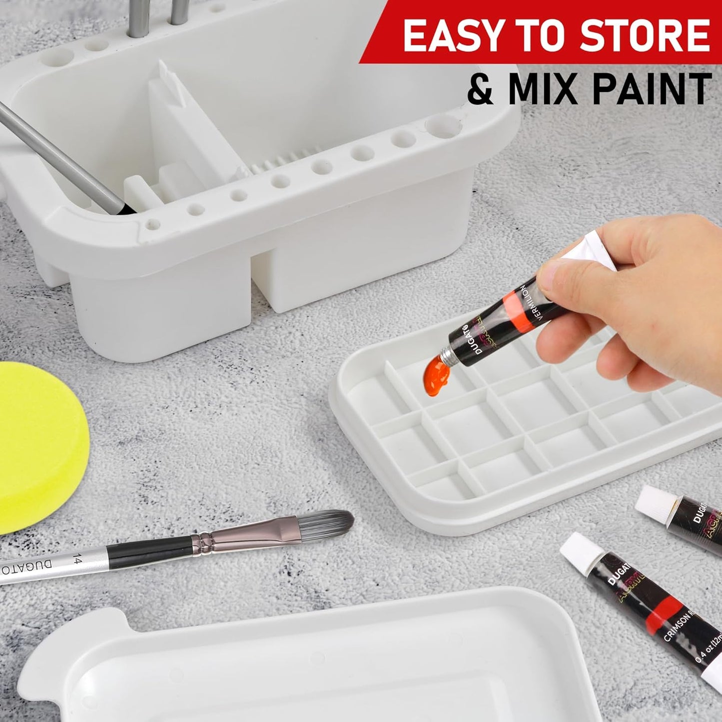 DUGATO 3-in-1 Paint Brush Cleaner Washer, Holder & Palette - Keep Brushes Clean & Organized - Artists Art Cleaning Basin with Lid & 2 Art Sponges for Acrylic, Watercolor, Oil Painting (White)