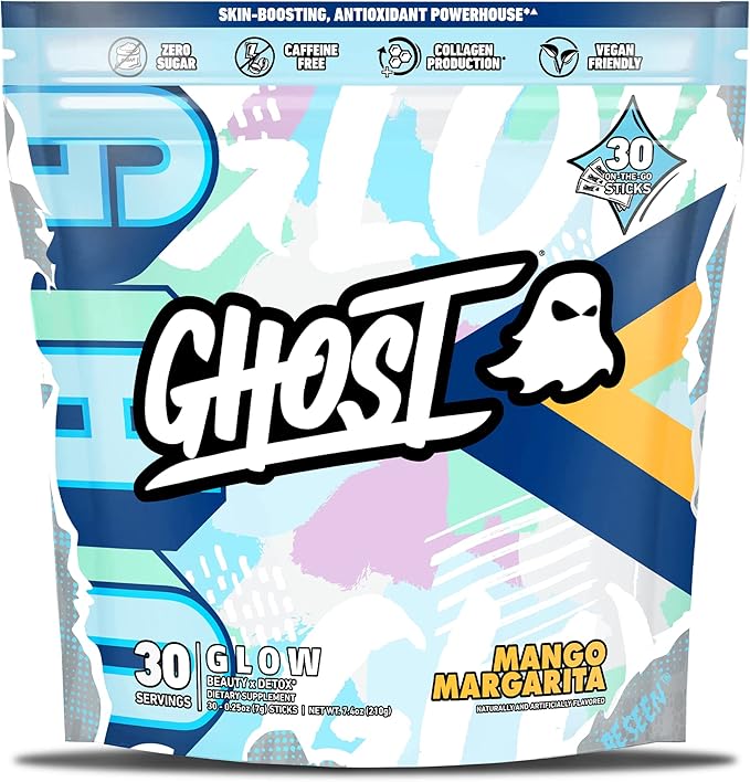 GHOST Glow Sticks: Beauty and Detox Supplement - 30 On-The-Go Stick Packs, Mango Margarita - Hyaluronic Acid, Biotin & L-Theanine for Skin-Boosting Support - Sugar Free, Gluten Free