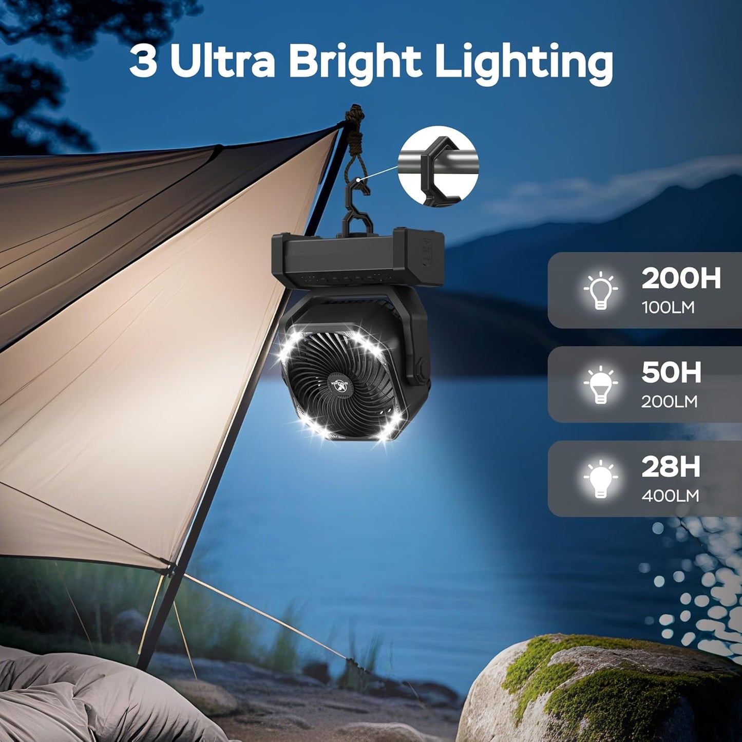 KITWLEMEN Camping Fan with Light - 20000mAh Rechargeable Battery Fan, 60Hrs Max Run Time, 4 Speeds, Timer, Auto Oscillation, 270° Pivot & Hook for Camping, Power Outage, Hurricane
